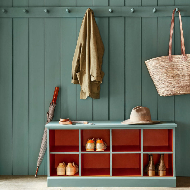 Pleat Little Greene. Green Boot room hallway Paint Colour